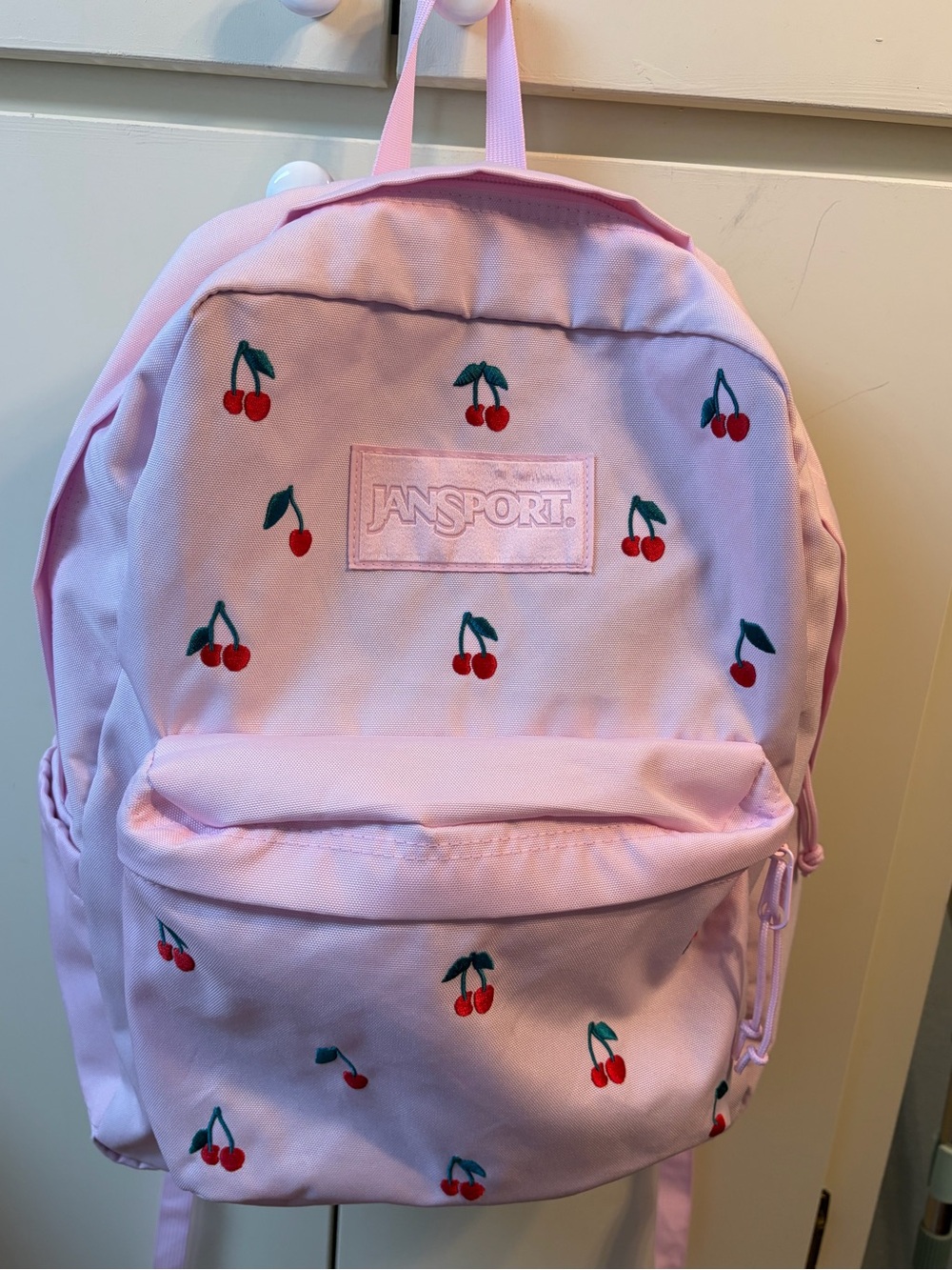 Jansport Superbreak Pink Backpack with Cherry Embroidery